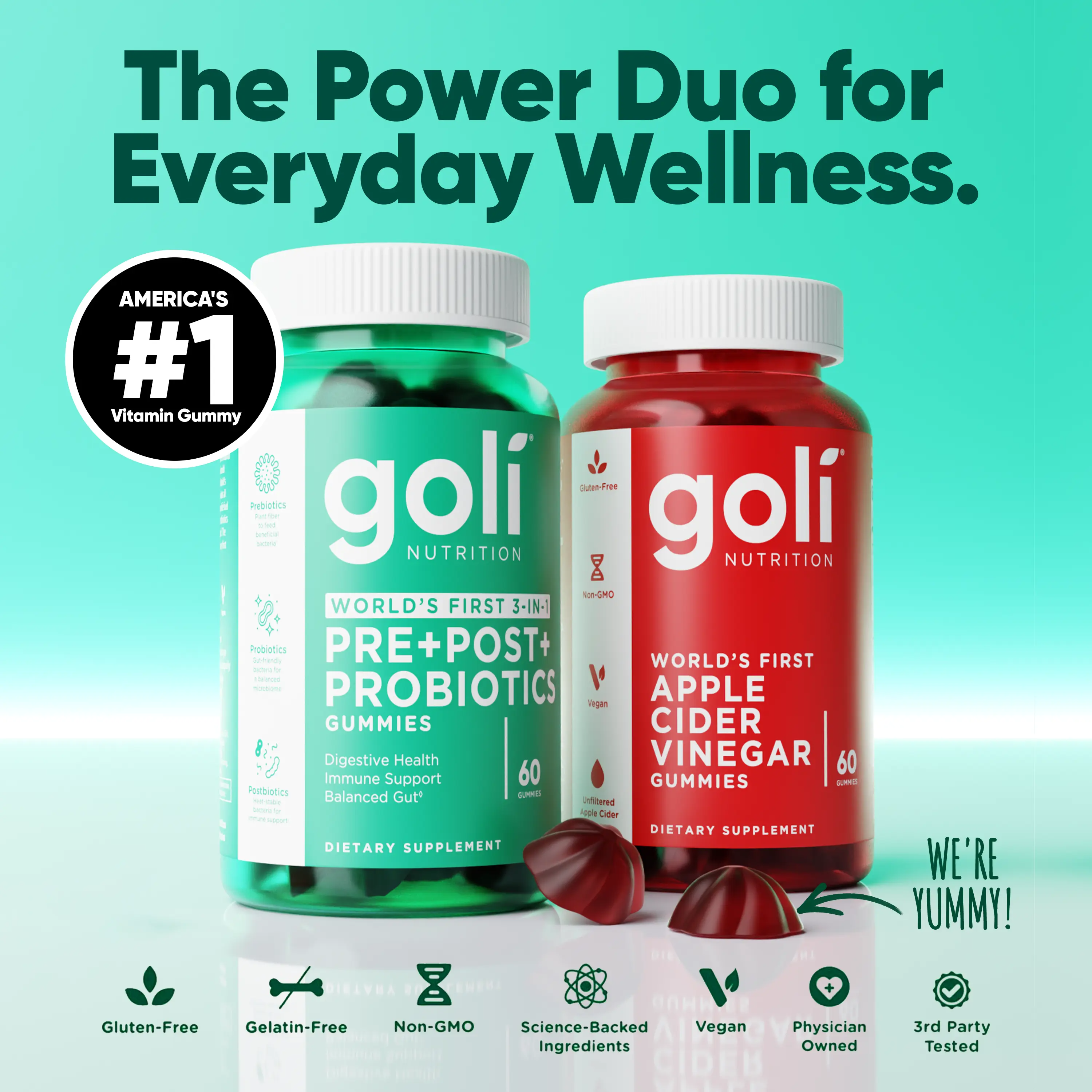 Power Wellness Duo Gummies – 3-in-1 Pre, Pro & Postbiotic + ACV & Vitamin B12