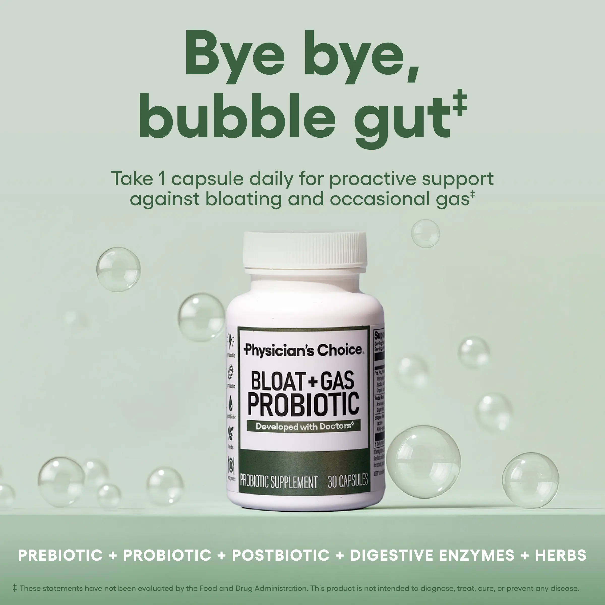 Physician's Choice Bloat & Gas Probiotic | Lactase, Digestive Enzymes, Prebiotics & Postbiotics | Daily Gut Support