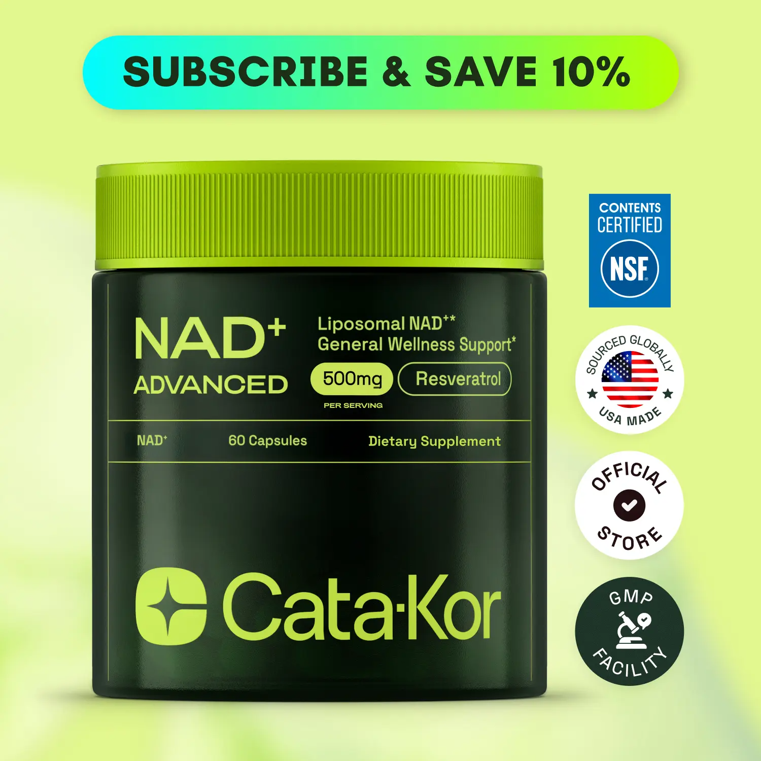 Cata-Kor NAD+ Advanced 500mg – Energy & Healthy Aging Supplement | 60 Capsules