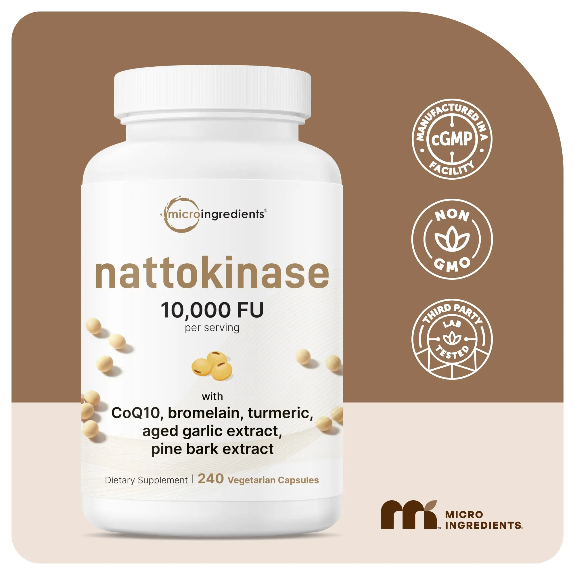 Micro Ingredients Nattokinase 10,000FU | CoQ10, Turmeric & Aged Garlic | 240 Vegetarian Capsules