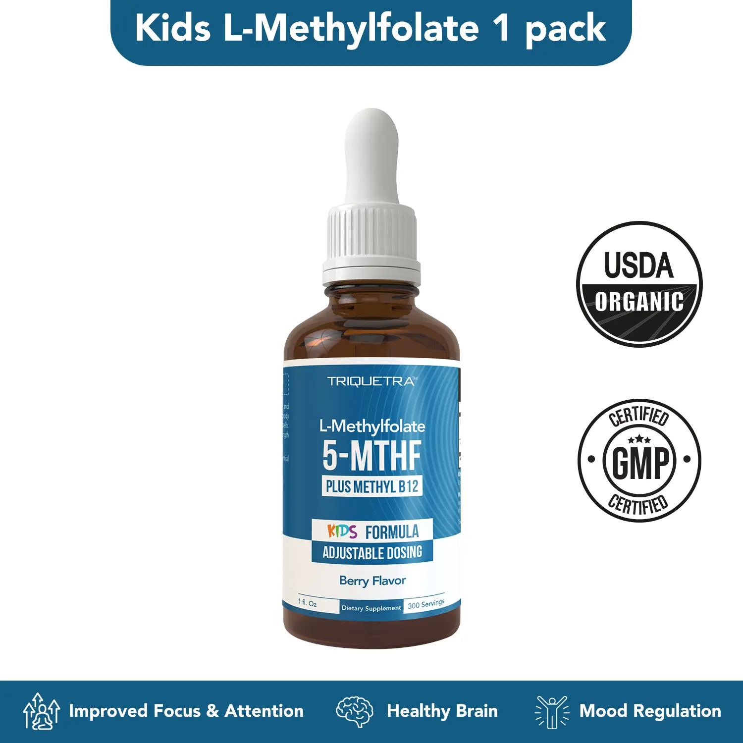 Triquetra Organic Kids Methylfolate + Methyl B12 | Berry Flavor Liquid Drops | Mood, Behavior & Cognition Support