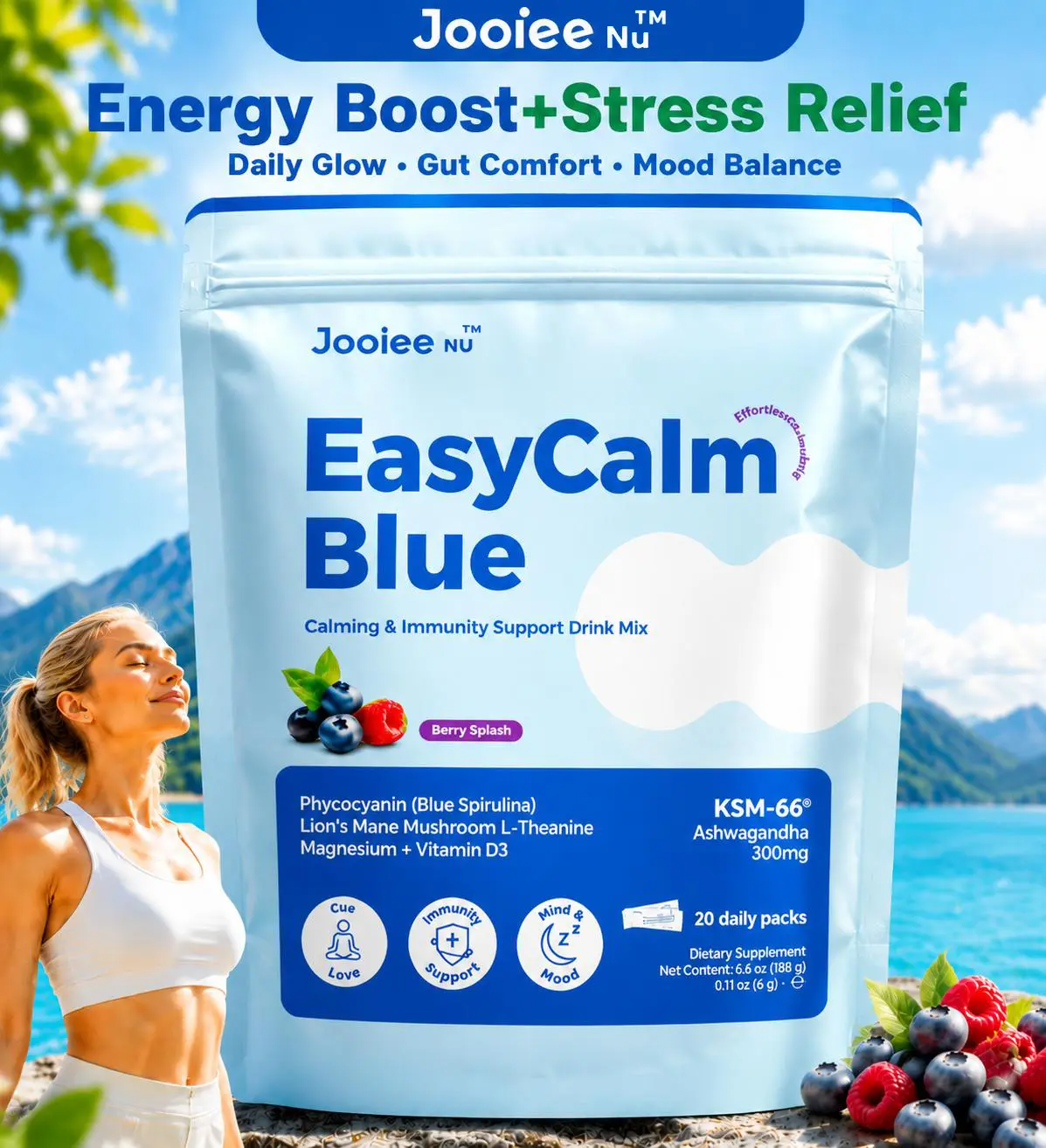 Jooiee Nu EasyCalm Blue Detox | Blue Spirulina, KSM-66 Ashwagandha & Magnesium | Gut Balance & Bloat Relief | 20 Servings