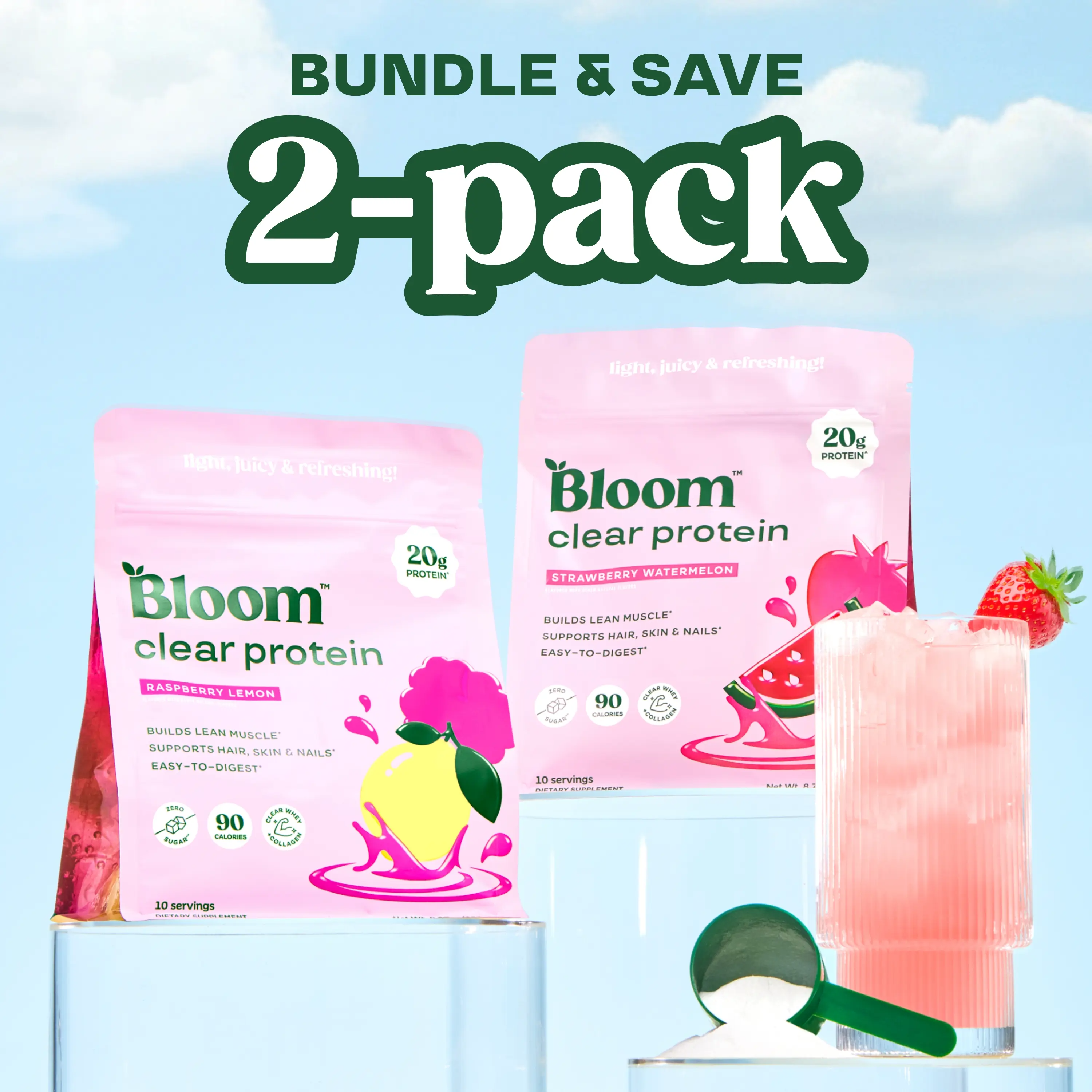 Bloom Nutrition Clear Protein – 2 Pack | Raspberry Lemon & Strawberry Watermelon | Light Refreshing Protein Drink