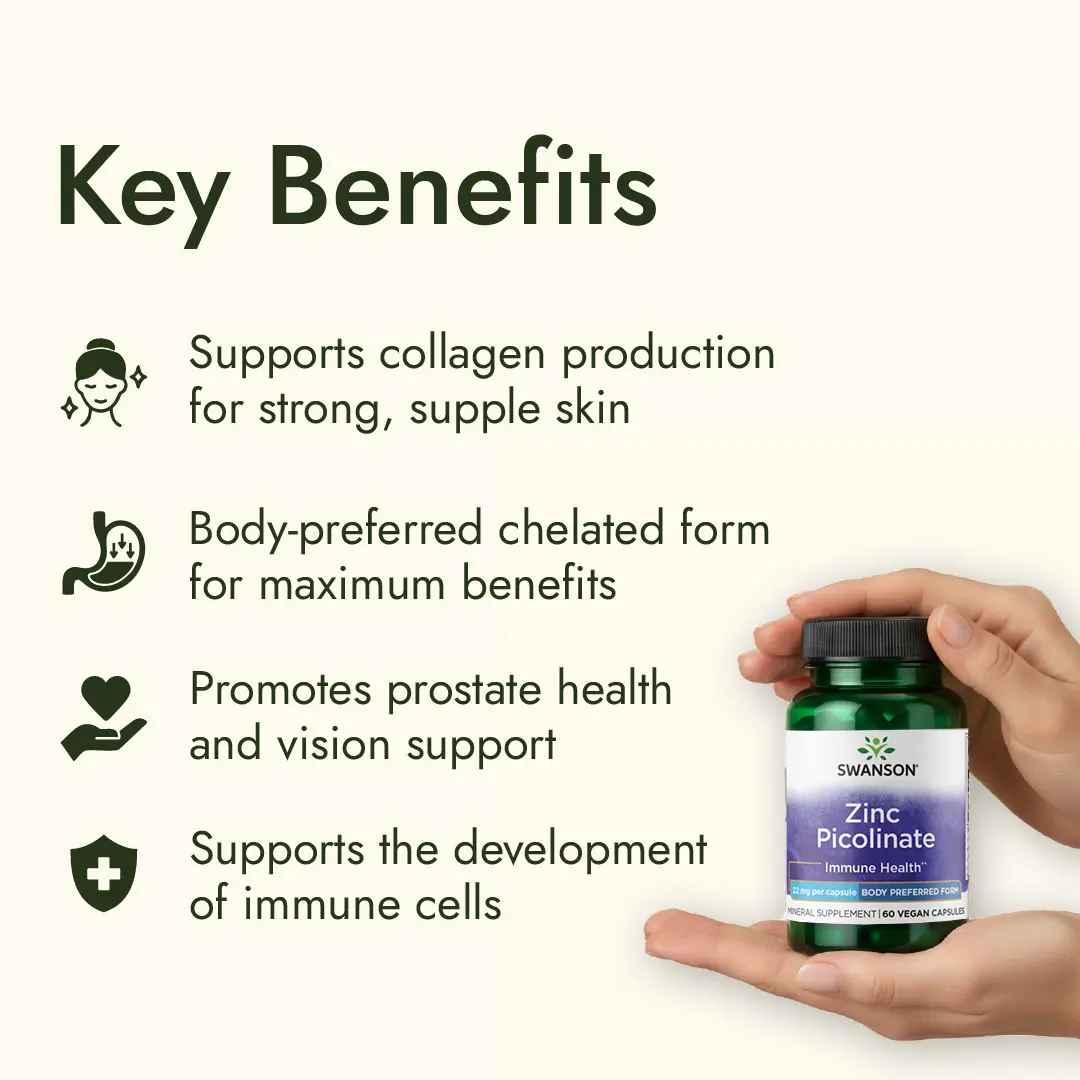 Swanson Zinc Picolinate 22mg | Immune Support & Collagen Production | 60 Vegan Capsules