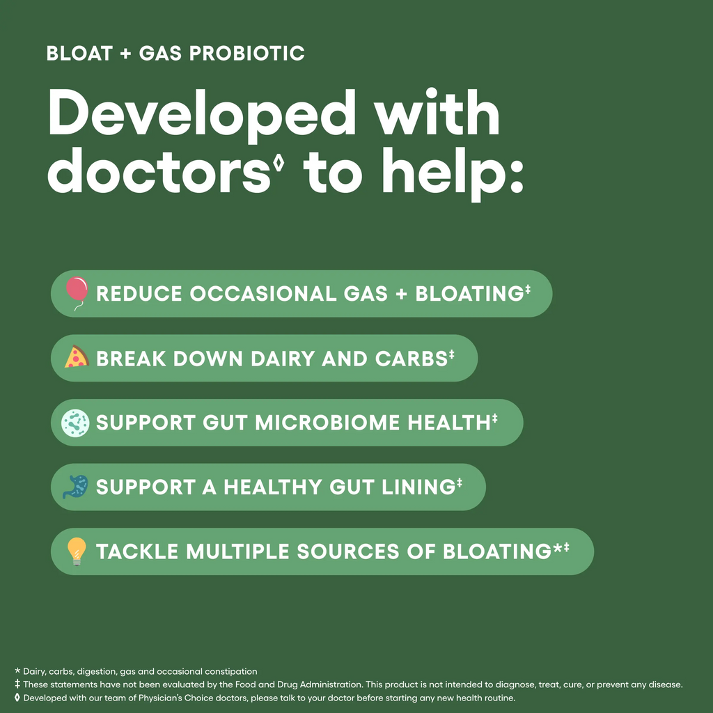 Physician's Choice Bloat & Gas Probiotic | Lactase, Digestive Enzymes, Prebiotics & Postbiotics | Daily Gut Support
