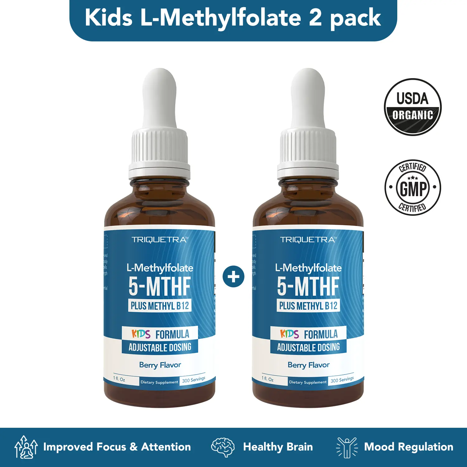 Triquetra Organic Kids Methylfolate + Methyl B12 | Berry Flavor Liquid Drops | Mood, Behavior & Cognition Support