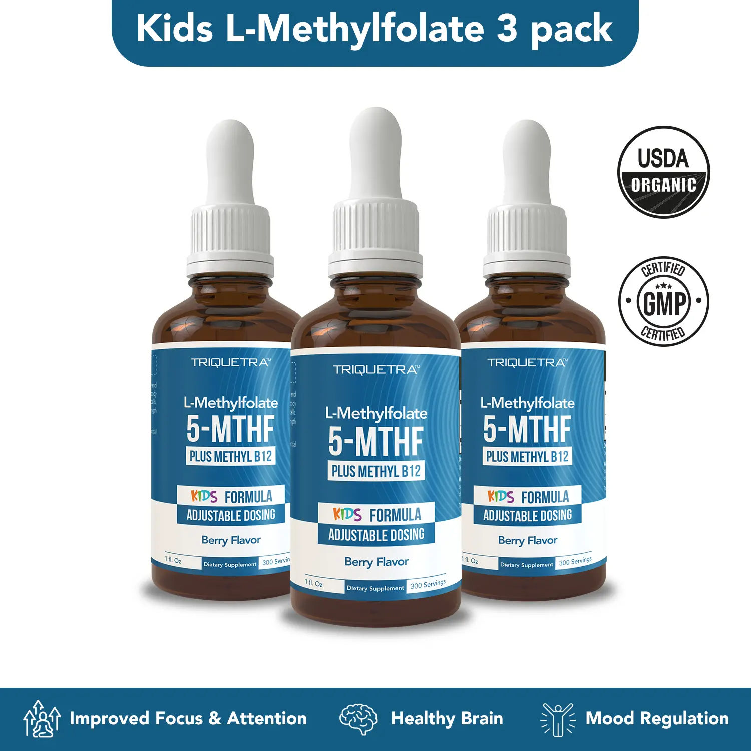 Triquetra Organic Kids Methylfolate + Methyl B12 | Berry Flavor Liquid Drops | Mood, Behavior & Cognition Support