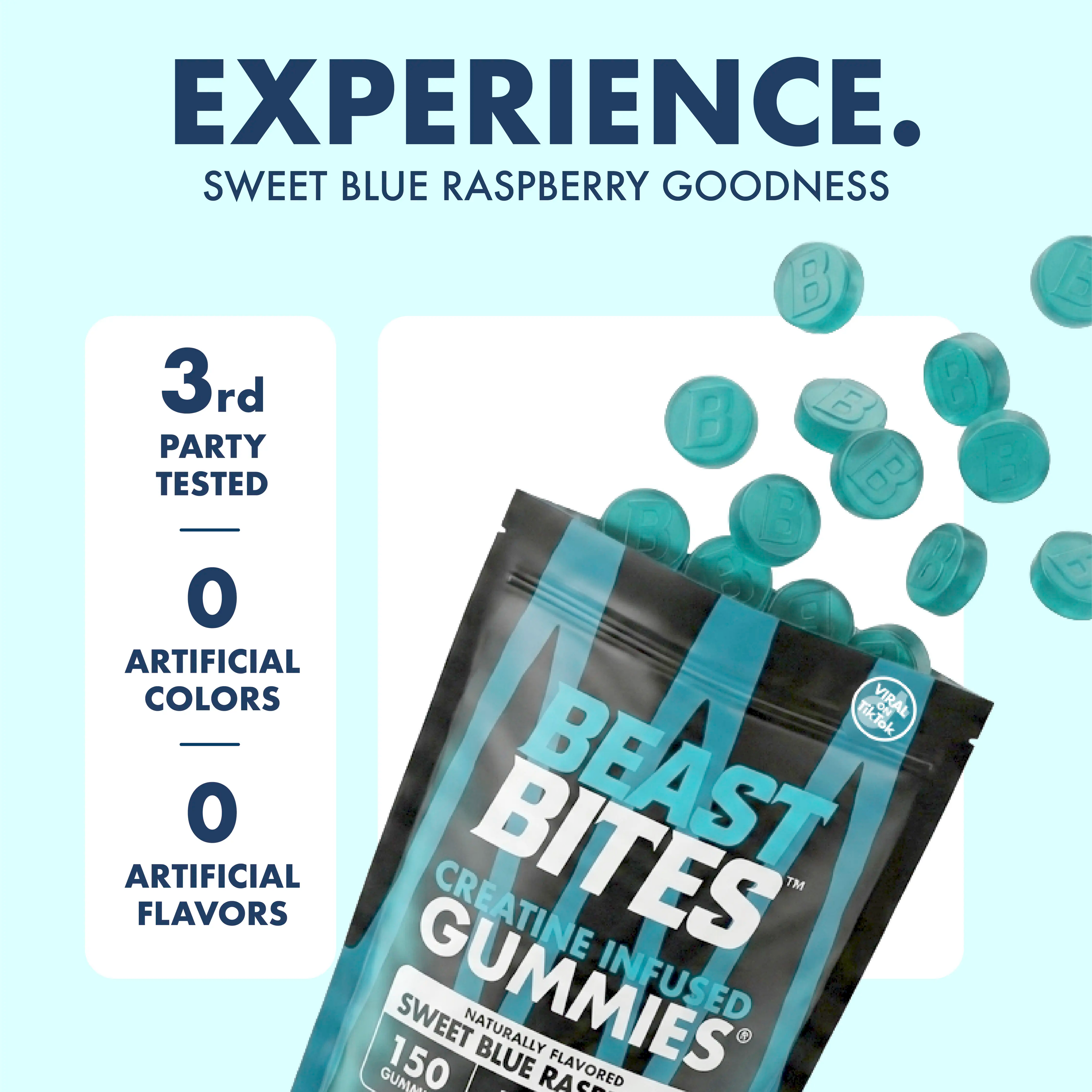 Beast Bites Creatine Gummies | NSF Certified for Sport | Sweet Blue Raspberry | 75 Gummies