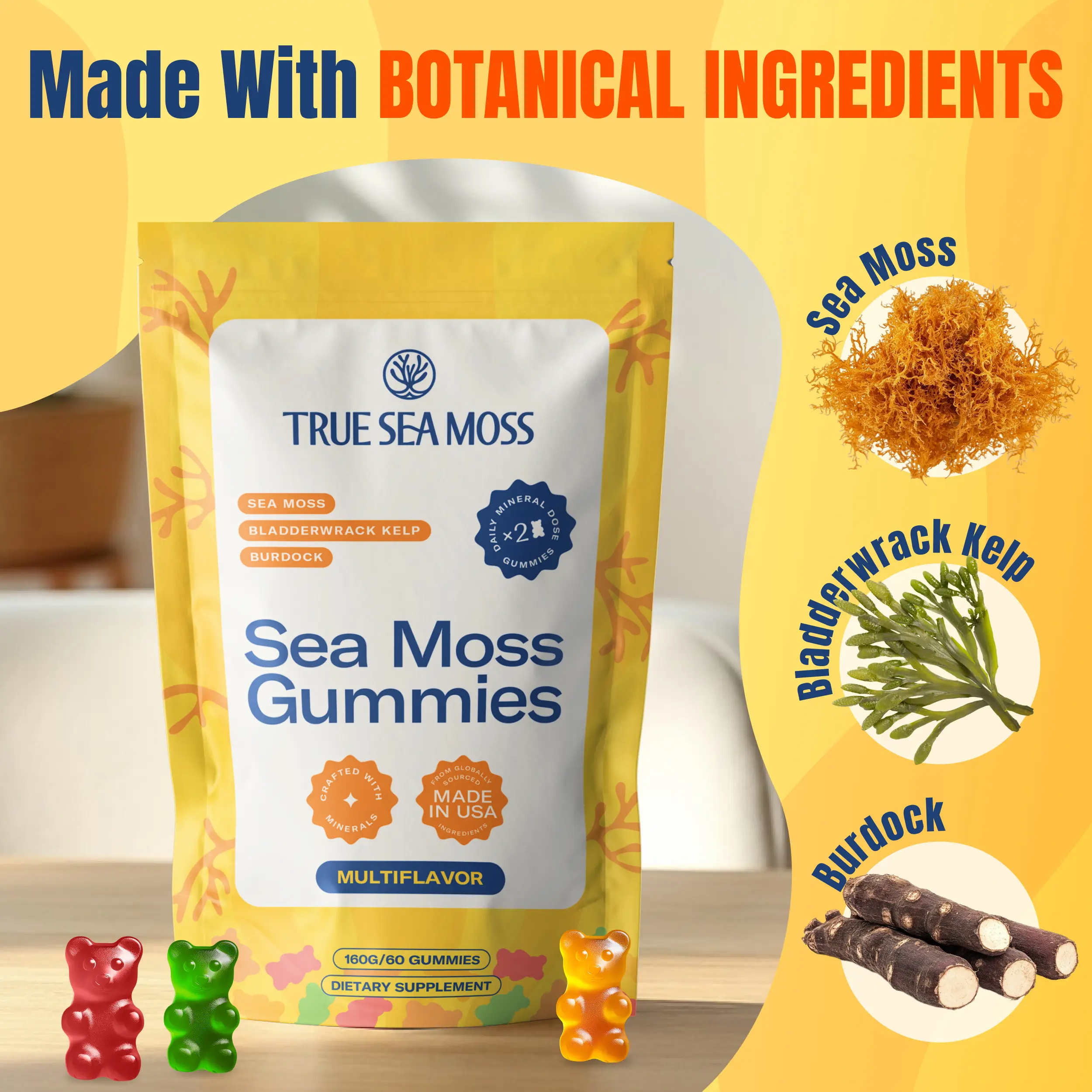 True Sea Moss Gummies – 60 Count with Bladderwrack, Burdock Root & Magnesium