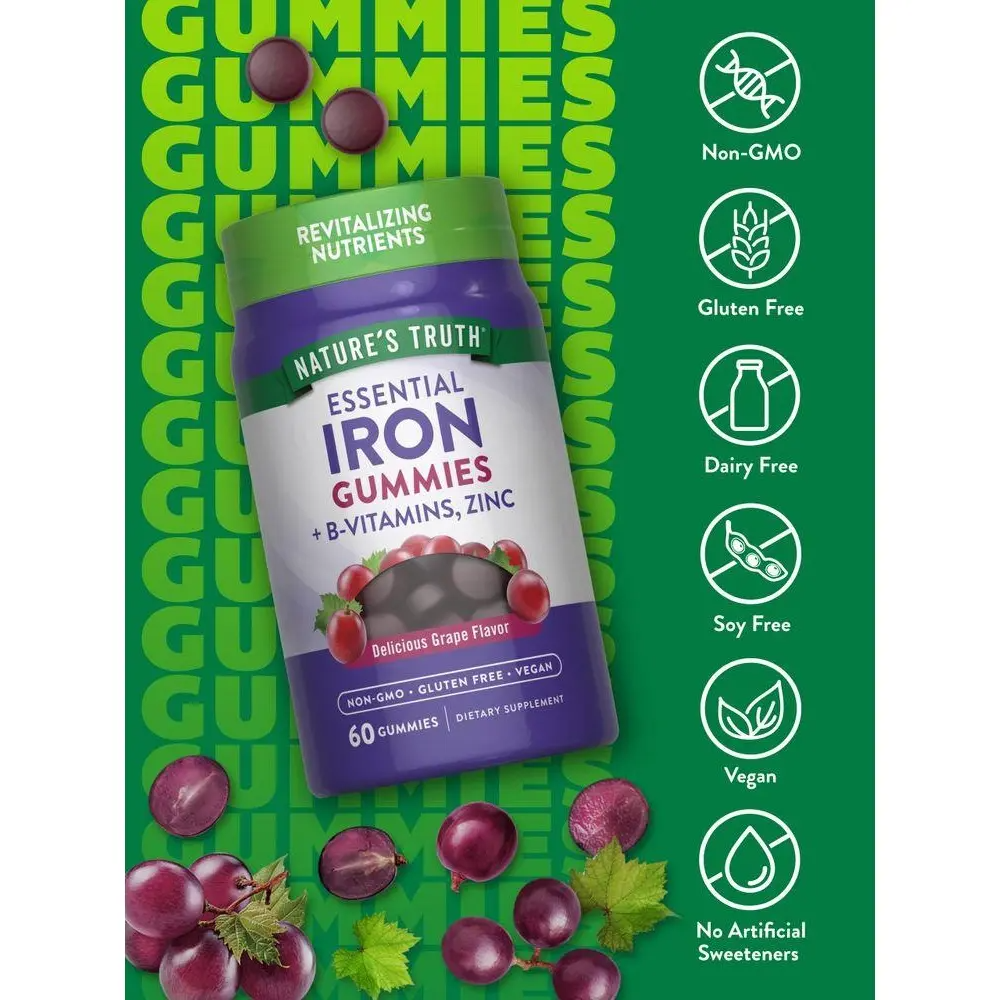 Iron Gummies – with Zinc & B Vitamins | Grape Flavor | 60 Count