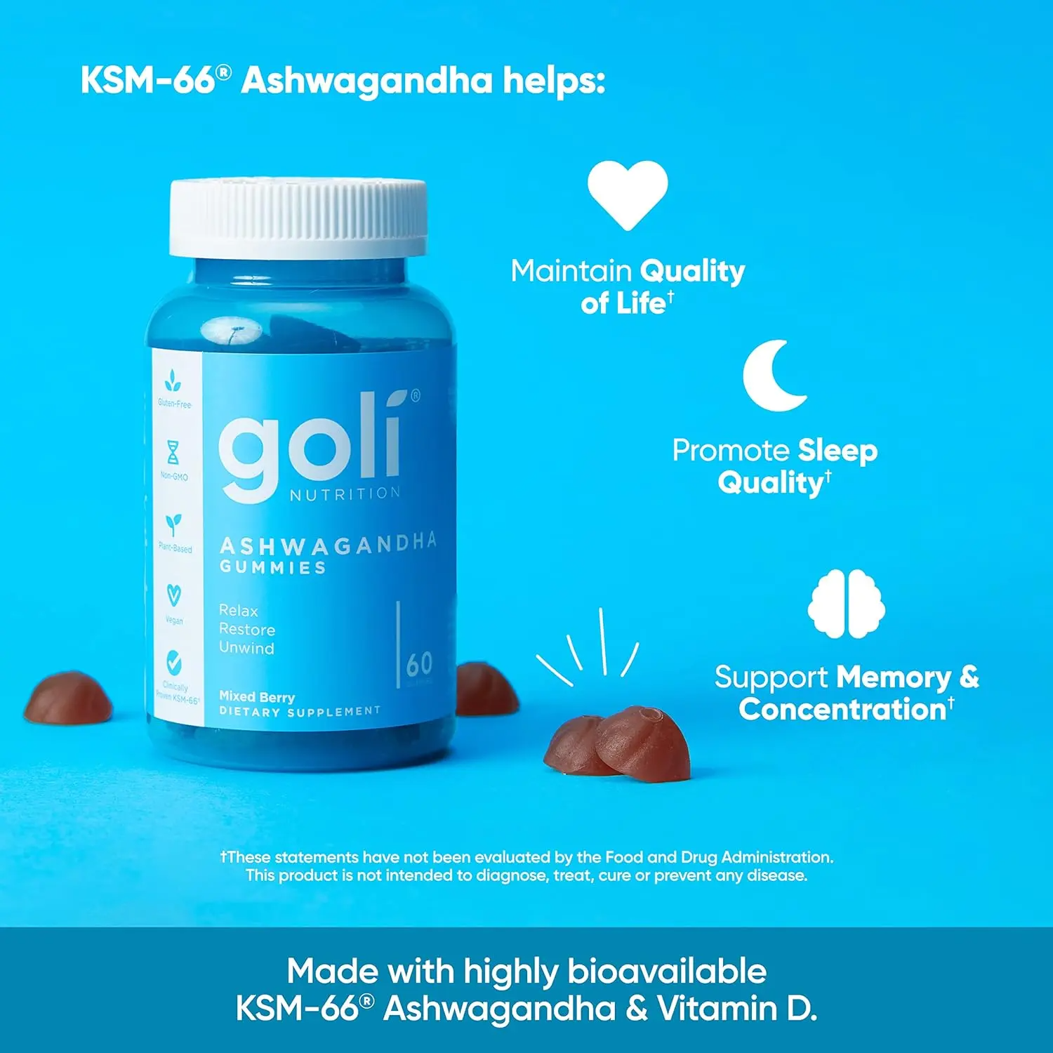 Goli Ashwagandha & Vitamin D Gummies – KSM-66, Mixed Berry | Vegan & Non-GMO