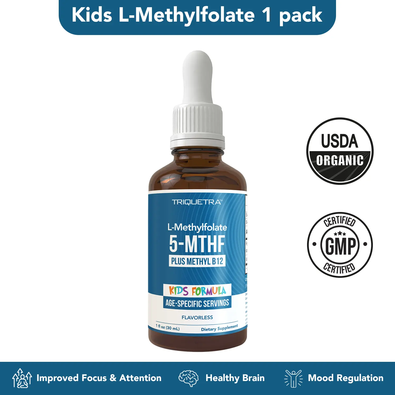 Triquetra Organic Kids Methylfolate + Methyl B12 | Berry Flavor Liquid Drops | Mood, Behavior & Cognition Support