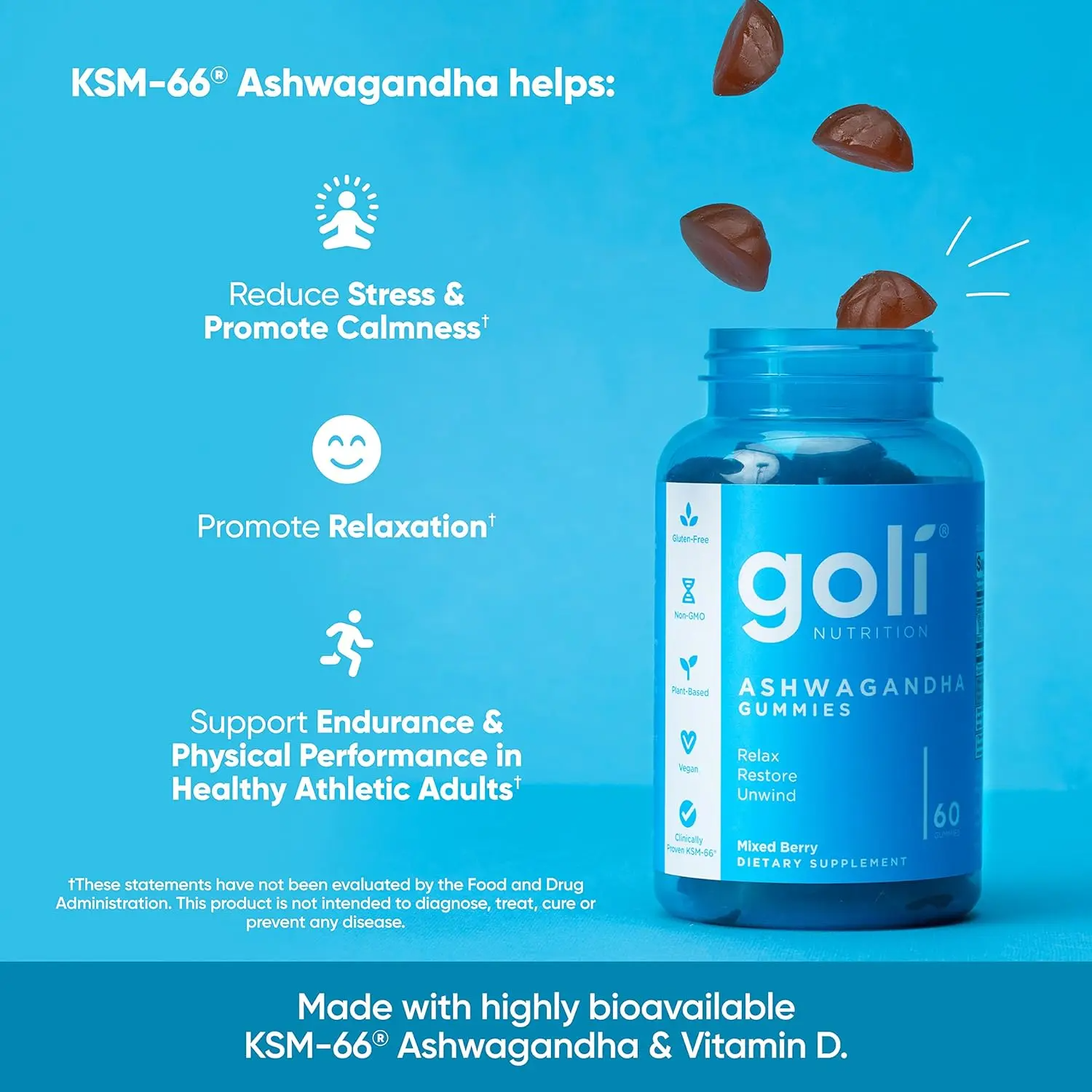 Goli Ashwagandha & Vitamin D Gummies – KSM-66, Mixed Berry | Vegan & Non-GMO