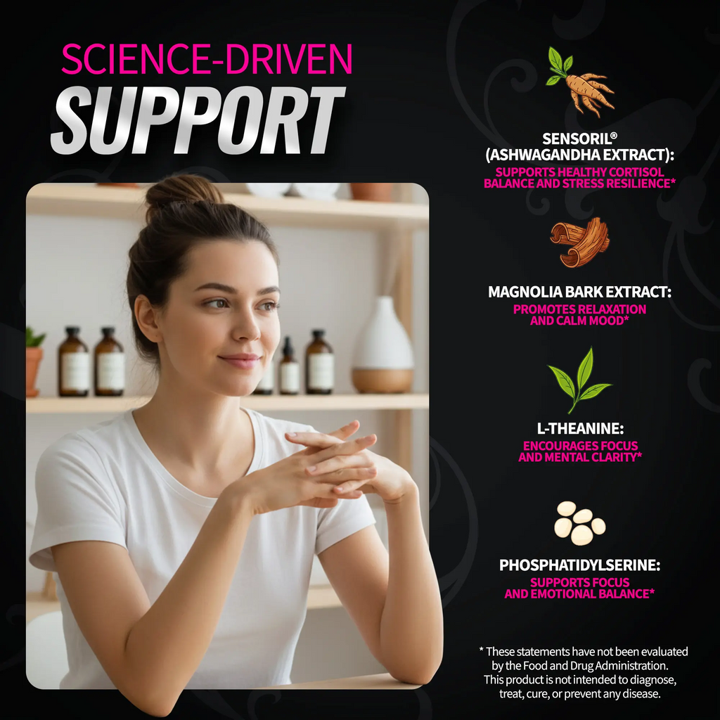 Cortisol Support for Women | Sensoril Ashwagandha, L-Theanine & Magnolia Bark | Stress, Mood & Sleep | 60 Vegan Capsules