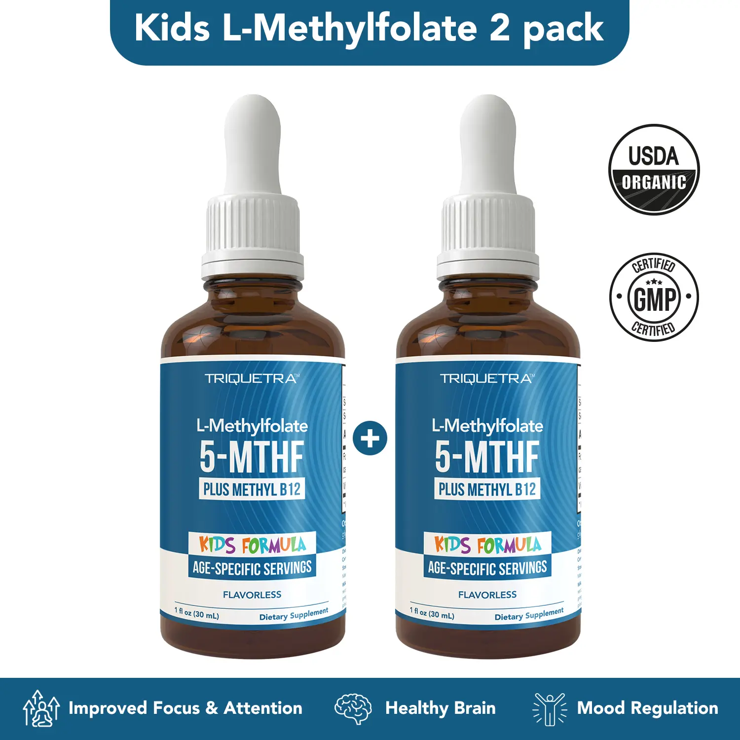Triquetra Organic Kids Methylfolate + Methyl B12 | Berry Flavor Liquid Drops | Mood, Behavior & Cognition Support