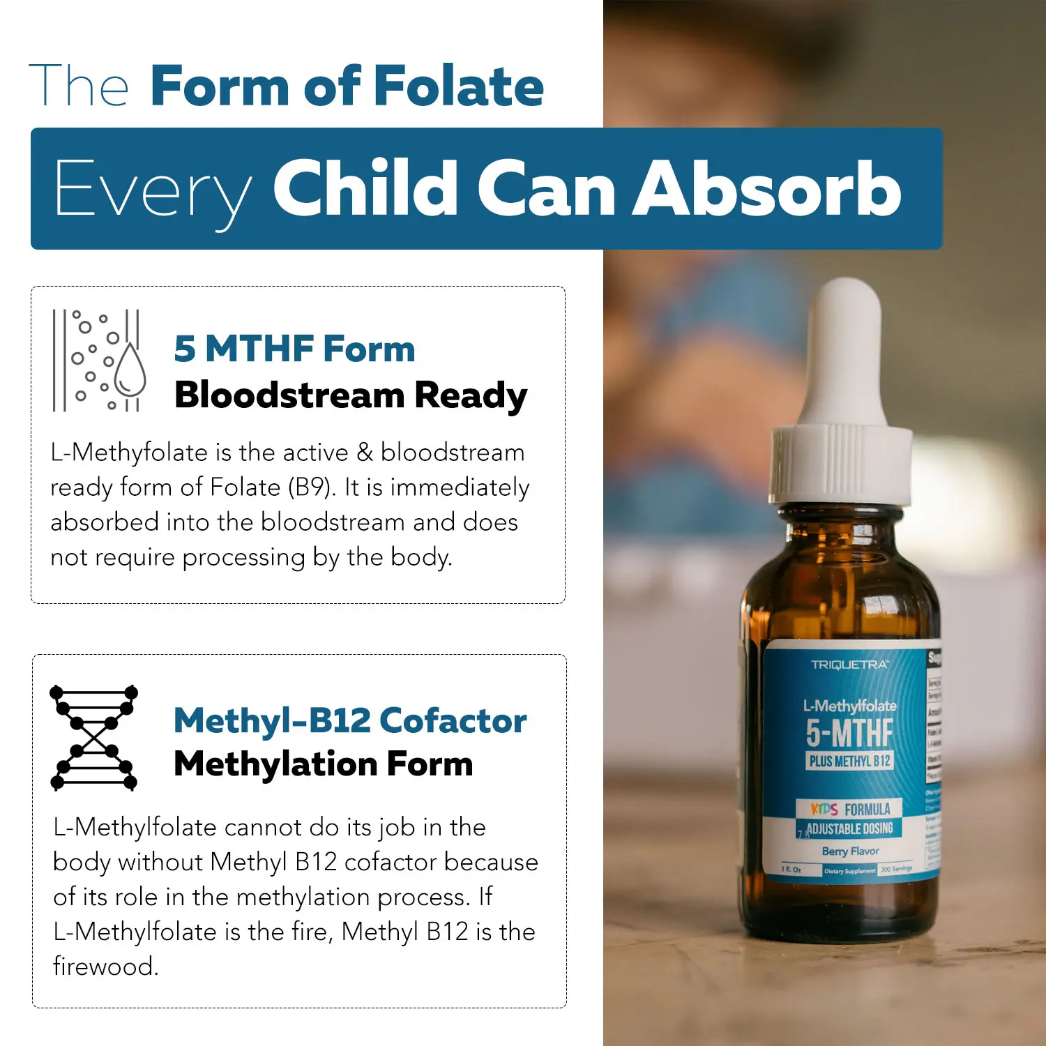 Triquetra Organic Kids Methylfolate + Methyl B12 | Berry Flavor Liquid Drops | Mood, Behavior & Cognition Support