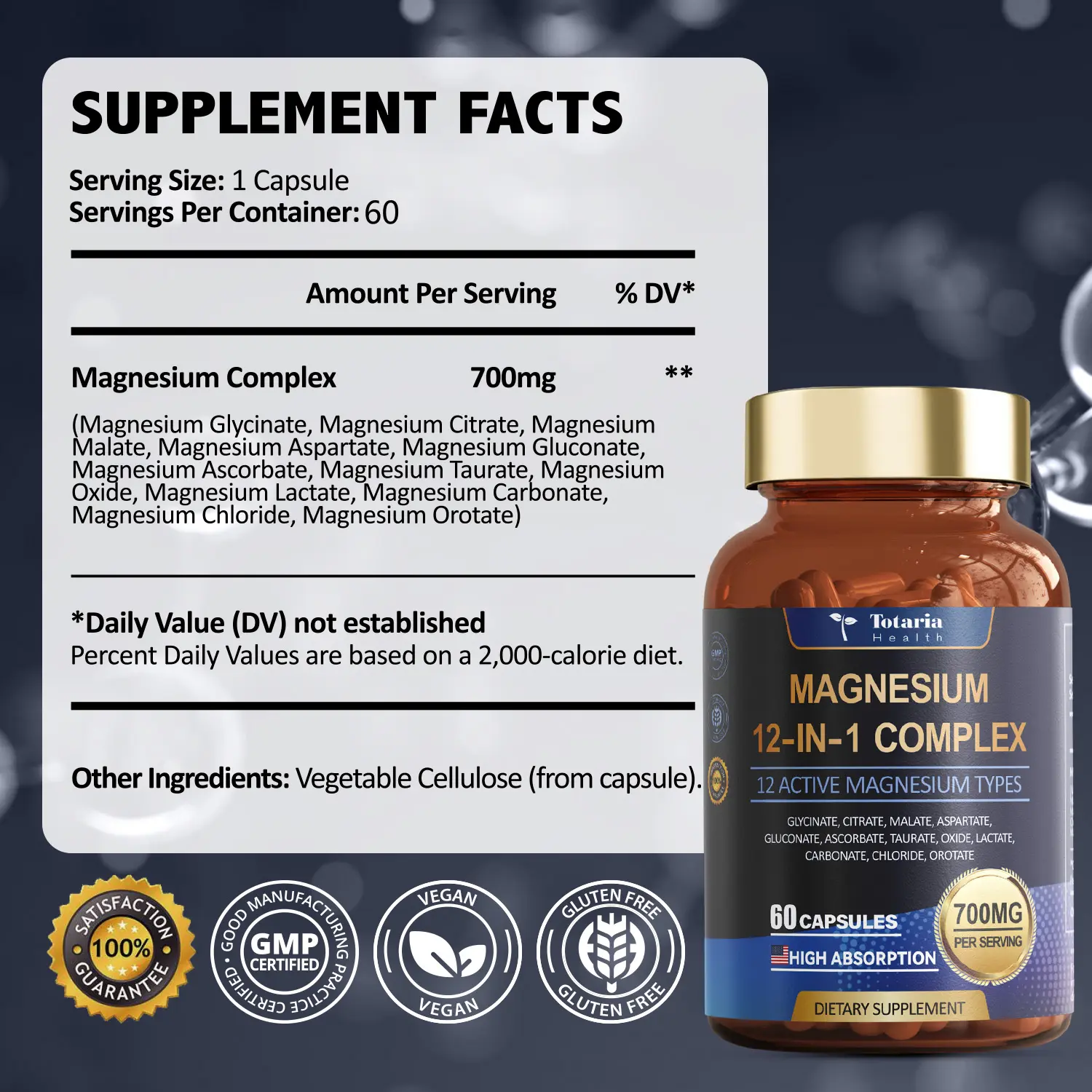Totaria 12-in-1 Magnesium Complex 700mg – 60 Vegan Capsules | Sleep & Muscle Support