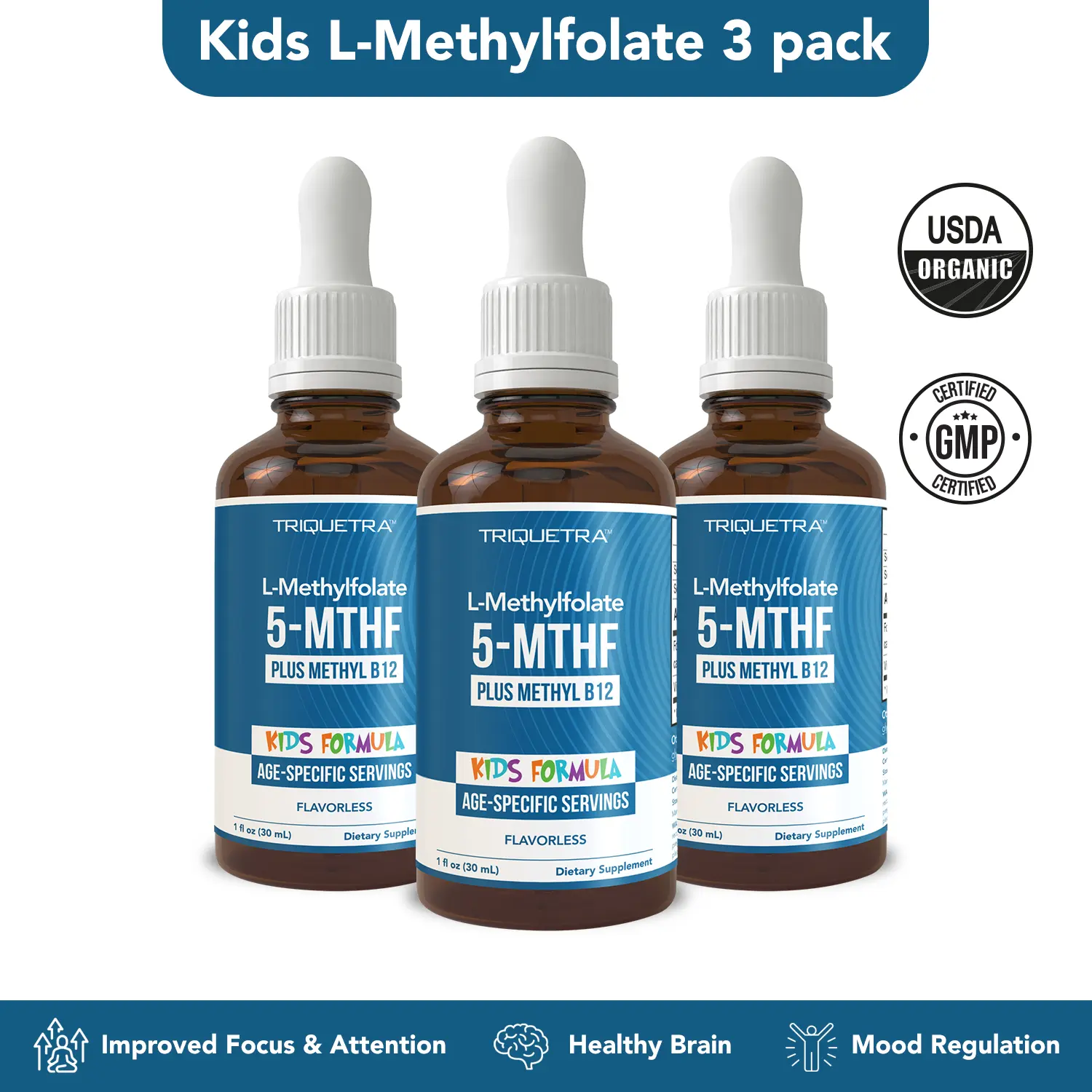 Triquetra Organic Kids Methylfolate + Methyl B12 | Berry Flavor Liquid Drops | Mood, Behavior & Cognition Support