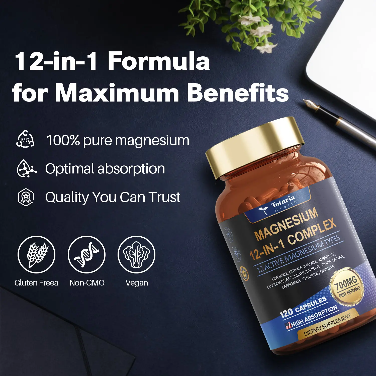 Totaria Magnesium 12-in-1 Complex 700mg – Muscle, Heart, Nerve & Bone Support
