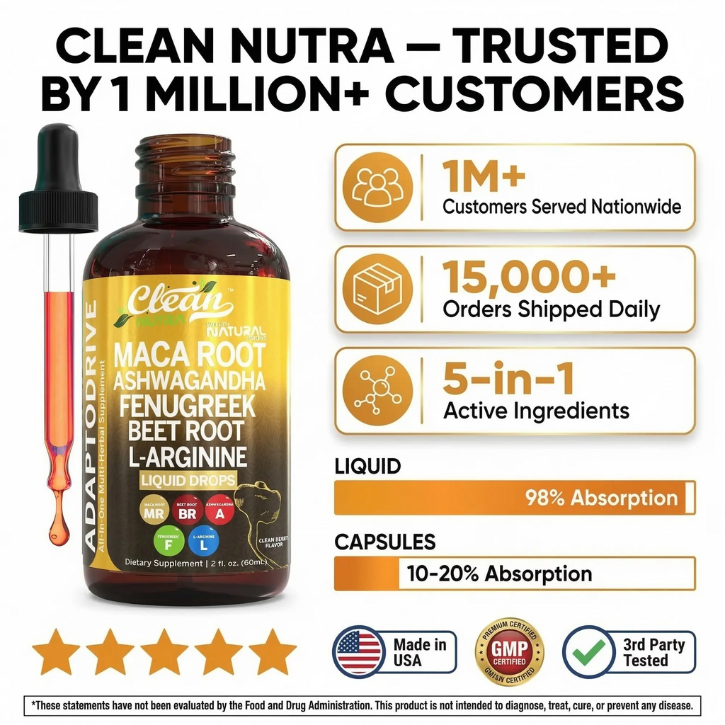 Clean Nutra Organic Maca Root Drops – Ashwagandha, Fenugreek & L-Arginine | Liquid Multivitamin for Women & Men