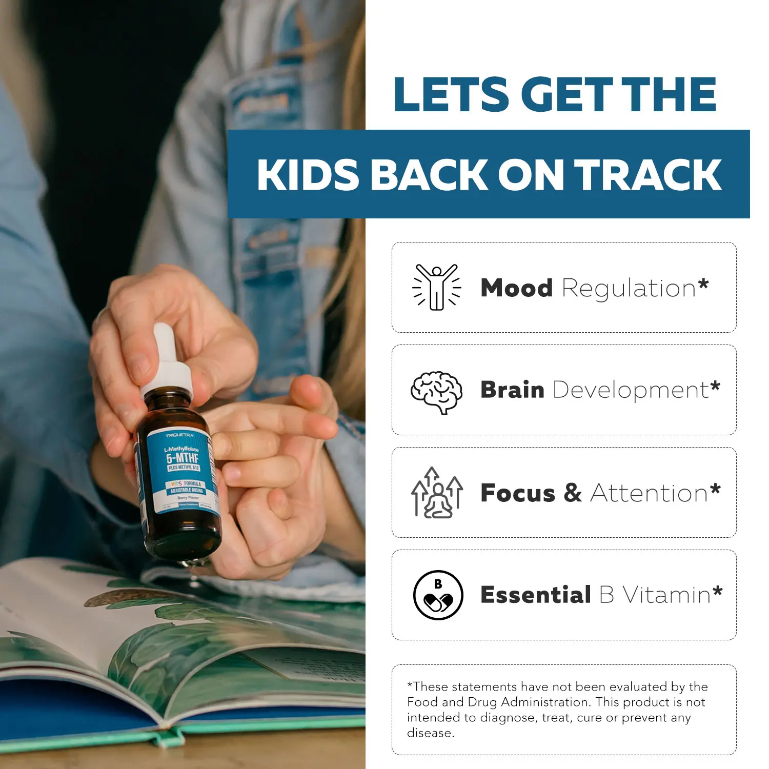 Triquetra Organic Kids Methylfolate + Methyl B12 | Berry Flavor Liquid Drops | Mood, Behavior & Cognition Support