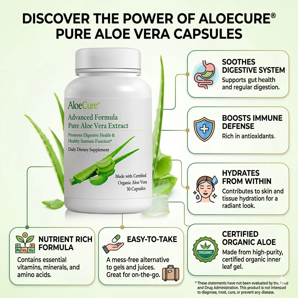 AloeCure Organic Aloe Vera Capsules | 160,000mg Equivalent | Gut Health, Digestion & Immune Support | Aloin-Free | 30 Capsules