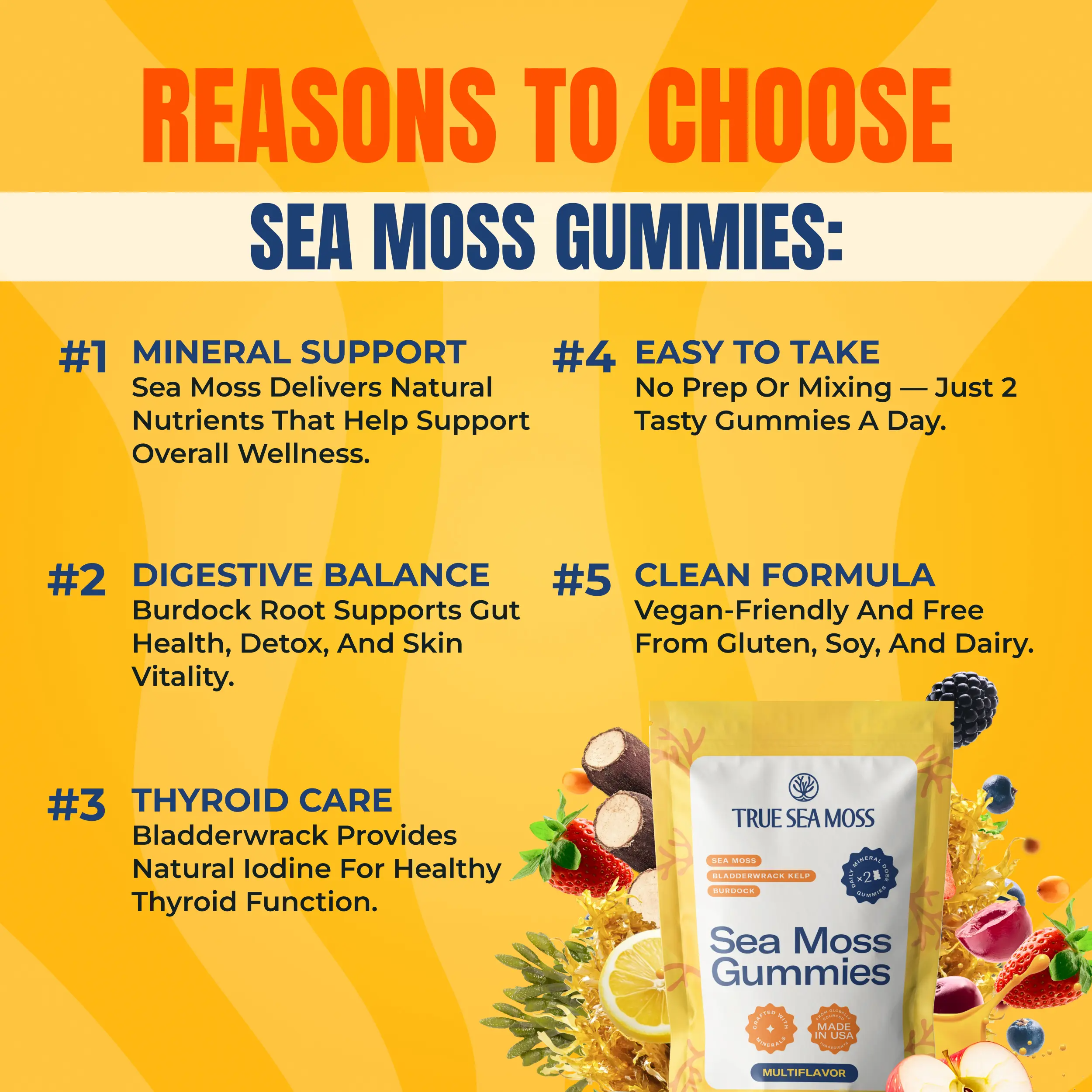 True Sea Moss Gummies – 60 Count with Bladderwrack, Burdock Root & Magnesium