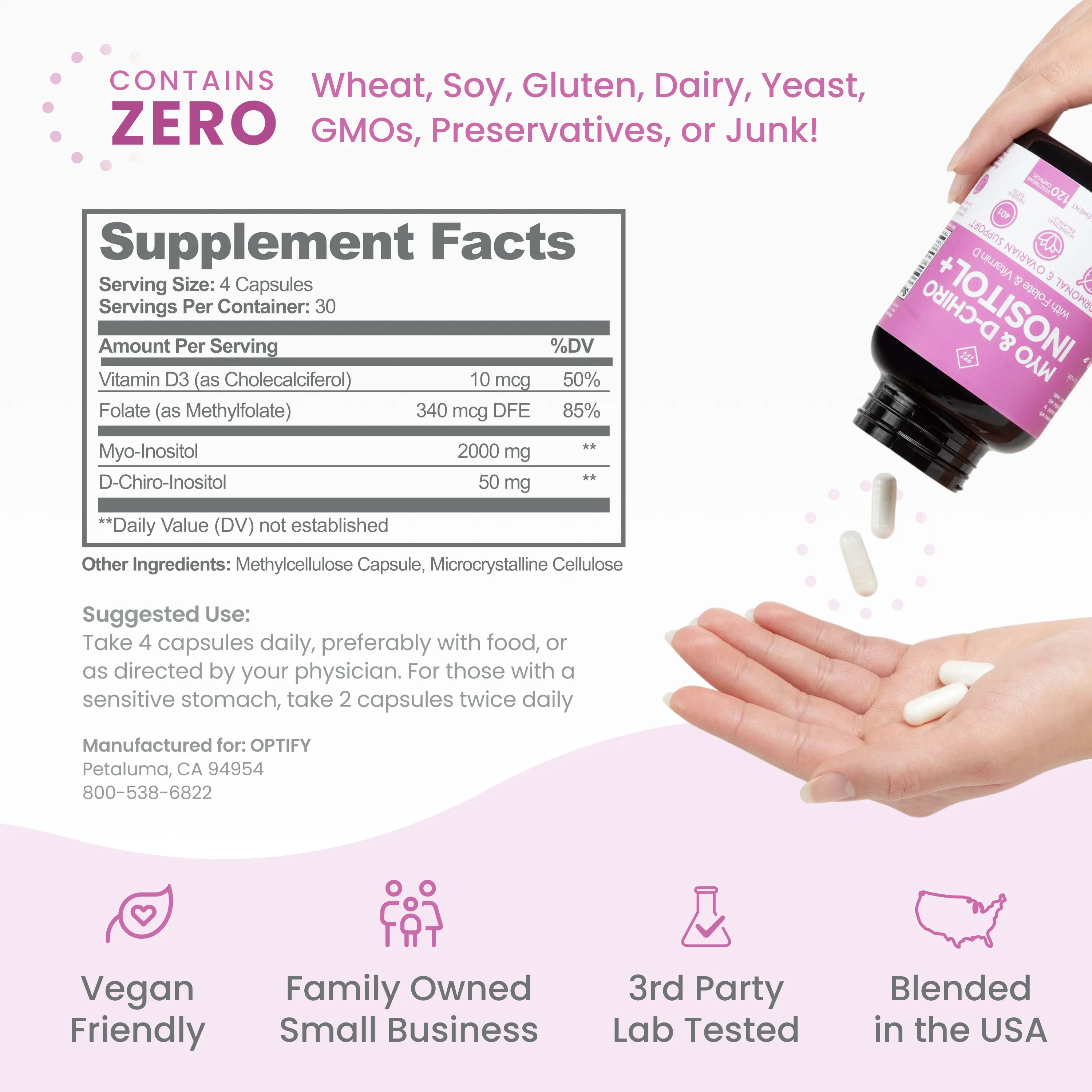 Optify Myo+DCI Inositol Capsules – 40:1 Ratio, 120 Caps with Folate & Vitamin D